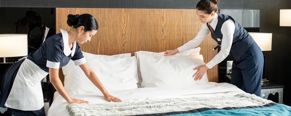 Housekeeping and cleaning supplies in a tidy room